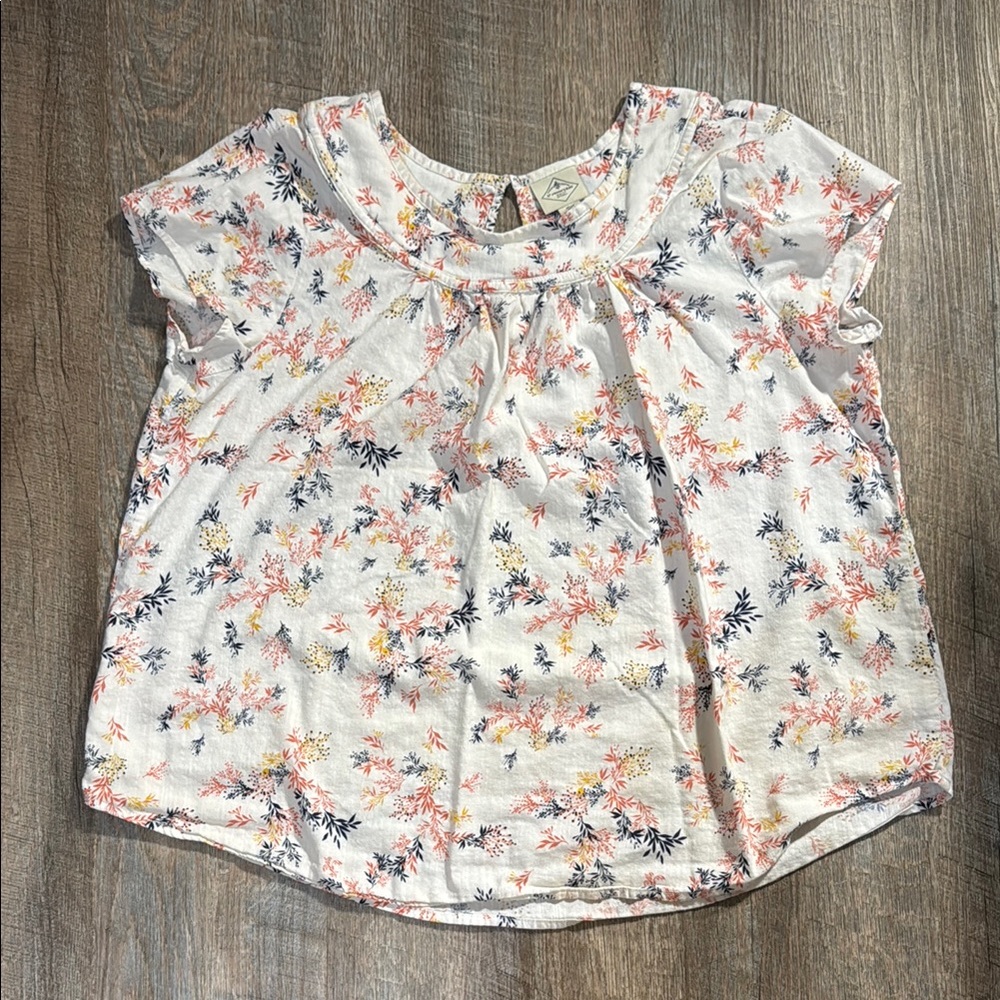 St. John's Bay Floral Blouse - Cream with Coral, Blue and Yellow floral pattern